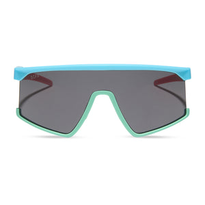 diff sport featuring the spike shield sunglasses with a aqua + blue green + coral frame and grey polarized lenses front view