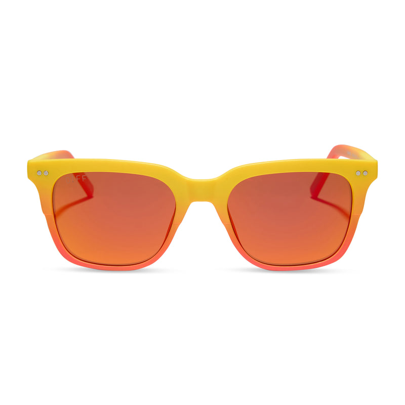 diff eyewear x fantastic four featuring the human torch square sunglasses with a radiant yellow to orange frame fade and blazing red orange mirror polarized lenses front view