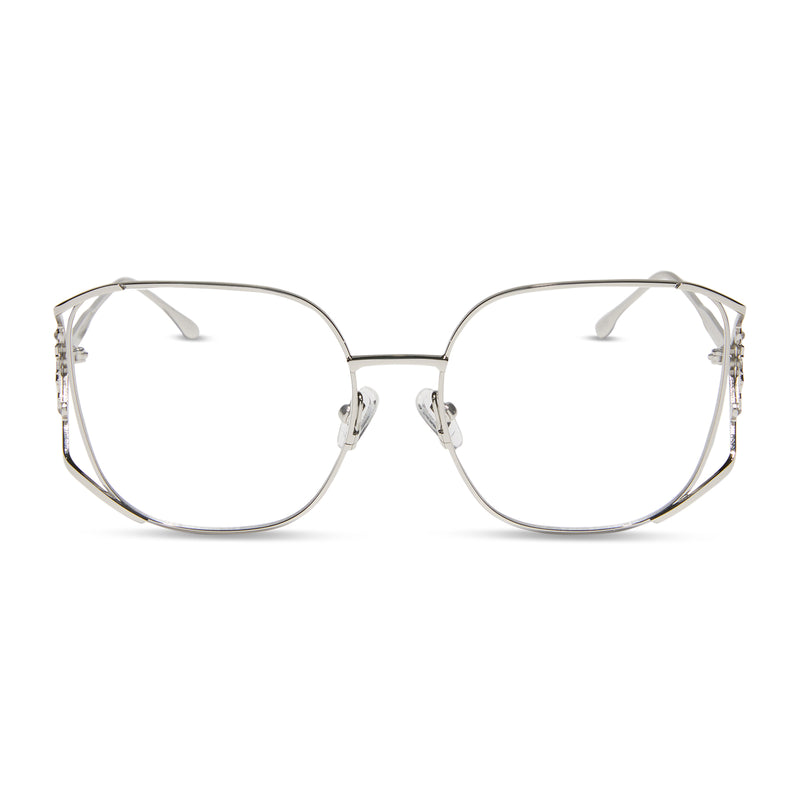 frozen x diff eyewear featuring the elsa oversized square prescription glasses with a cool silver gloss metal frame front view