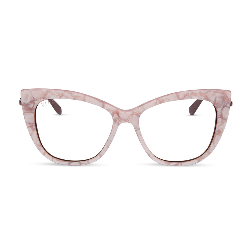 harry potter x diff eyewear featuring professor umbridge cat eye prescription glasses with a pink mother of pearl frame front view