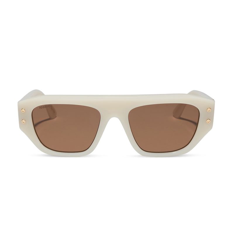 iconica featuring the calla rectangle sunglasses with a meringue white frame and brown polarized lenses front view