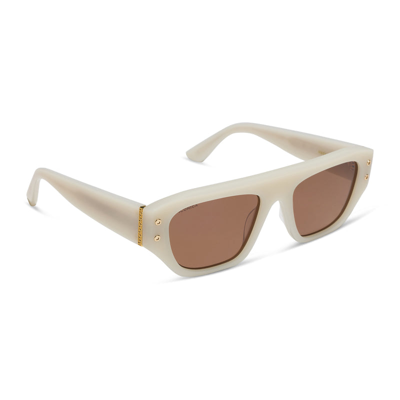 iconica featuring the calla rectangle sunglasses with a meringue white frame and brown polarized lenses angled view