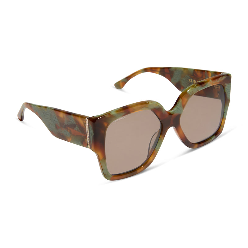 diff eyewear featuring the livia square sunglasses with a ionian brown and green  tortoise frame and truffle brown polarized lenses angled view