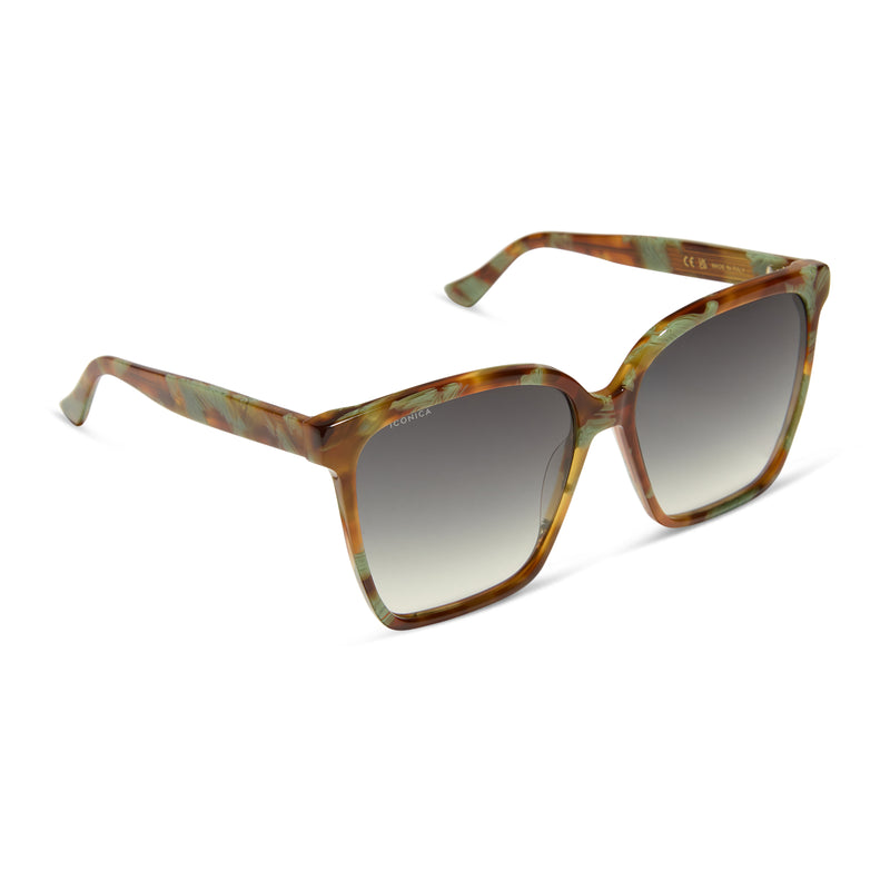 diff eyewear featuring the naomi square sunglasses with a ionian brown and green tortoise frame and grey gradient polarized lenses angled view