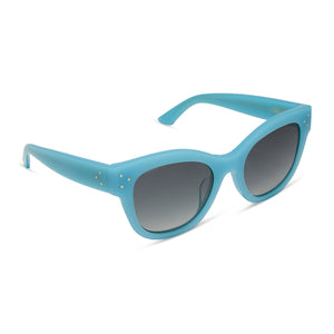 iconica x diff eyewear eva cat eye sunglasses with a parasido blue frame and grey gradient polarized lenses angled view
