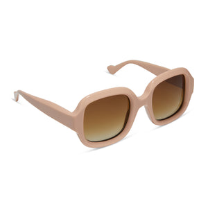 iconica x diff eyewear gisele round sunglasses with a nude acetate frame and brown gradient lenses angled view