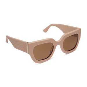 iconica x diff eyewear maren square oversized sunglasses with a nude acetate frame and brown polarized lenses angled view