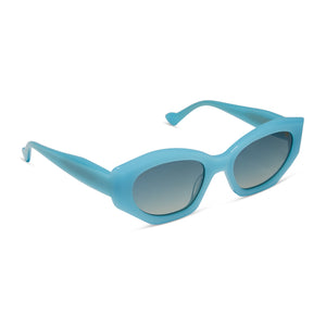 iconica x diff eyewear margot cat eye sunglasses with a parasido blue acetate frame and paradiso blue polarized lenses angled view