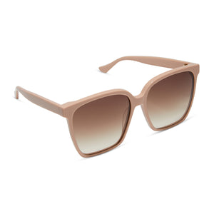 iconica x diff eyewear naomi square oversized sunglasses with a nude acetate frame and brown gradient polarized lenses angled view