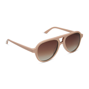 iconica x diff eyewear pia oversized aviator sunglasses with a nude acetate frame and brown gradient polarized lenses angled view