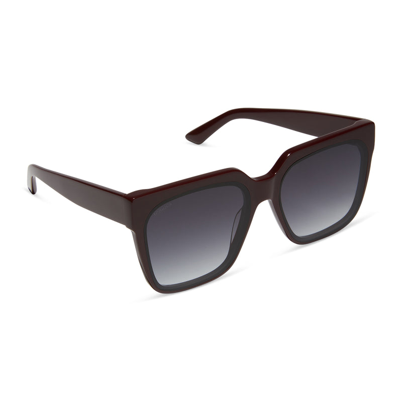 icoinca x diff eyewear thea oversized square sunglasses with a bordeaux acetate frame and grey gradient lenses angled view