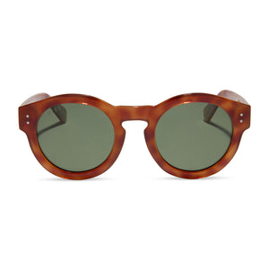 madison mealy x diff eyewear nora round sunglasses with a honey tortoise frame and g15 polarized lenses front view
