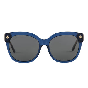 patricia nash x diff eyewear audrey sunglasses with a caribbean blue acetate frame and grey lenses front view