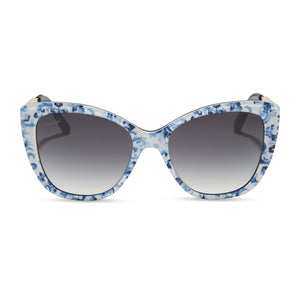patricia nash x diff eyewear brigitte sunglasses with a renaissance rivival blue and white frame and grey gradient lenses front view