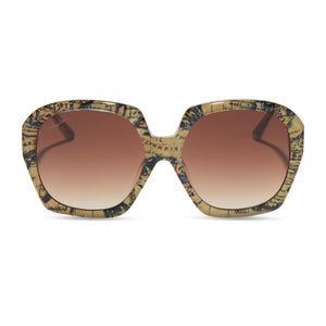 patricia nash x diff eyewear suzanne square sunglasses with a european map acetate frame and brown gradient lenses front view