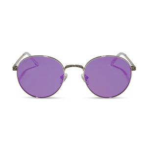 star wars x diff eyewear mace windu™️ round sunglasses with space oxidized steel metal frame and lightsaber™️ purple lenses front view