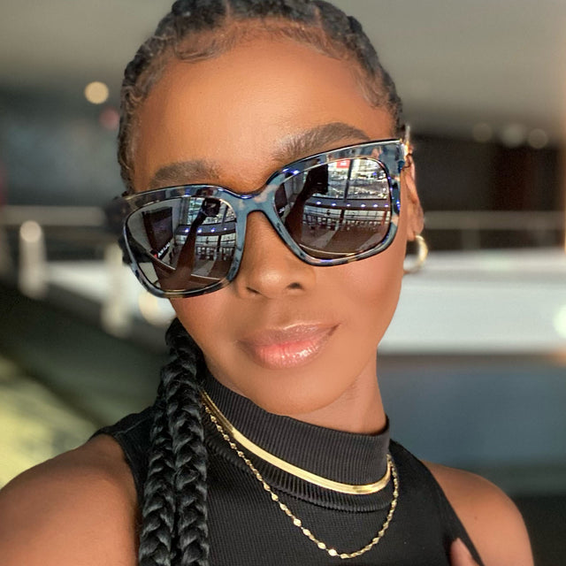 customer content - female wearing diff eyewear bella square sunglasses with espresso tortoise frame and grey gradient polarized lenses