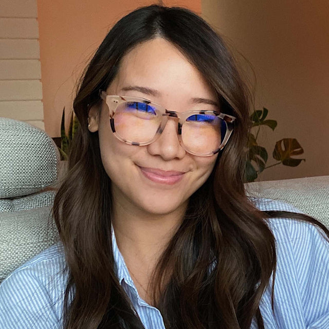 customer content - female wearing diff eyewear weston round glasses with a cream tortoise acetate frame and blue light technology lenses