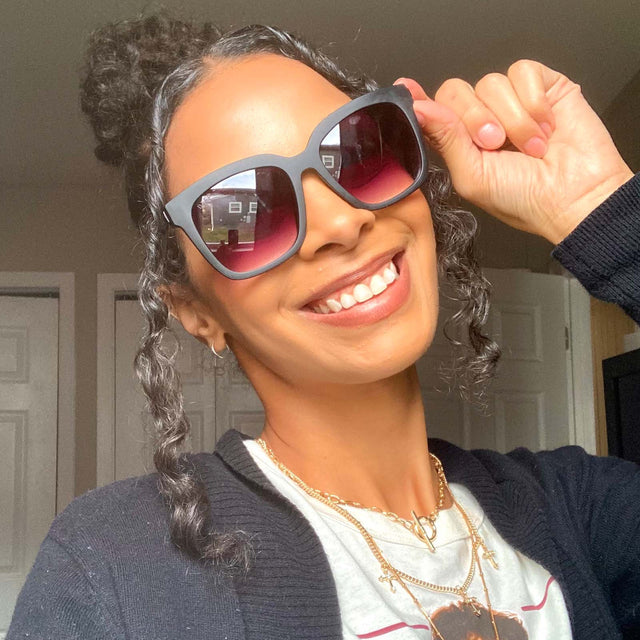 customer content - female wearing diff eyewear hailey square sunglasses with a matte black frame and grey gradient sharp lenses front view