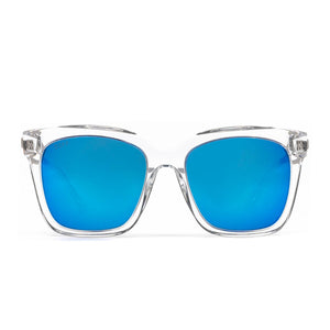 Bella sunglasses with clear frame and blue mirror lens- front view