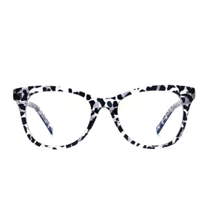 Carina eye glasses with clear leopard frames and blue light technology- front view