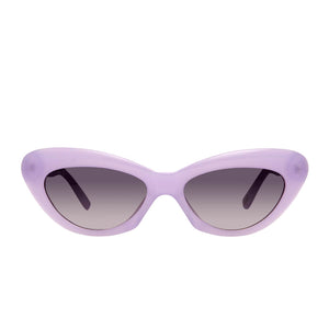 diff eyewear cleo cat eye sunglasses with a lilac purple frame and grey gradient lenses front view