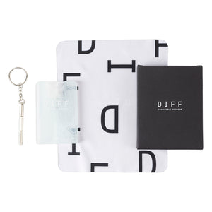 DIFF Eyewear Black Cleaning Care Kit with cloth, cleaning solution and screw driver