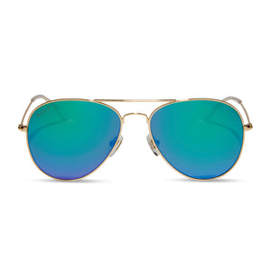 diff eyewear cruz aviator sunglasses with a gold metal frame and blue mirror lenses front view