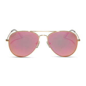 diff eyewear cruz aviator sunglasses with a gold metal frame and pink mirror lenses front view