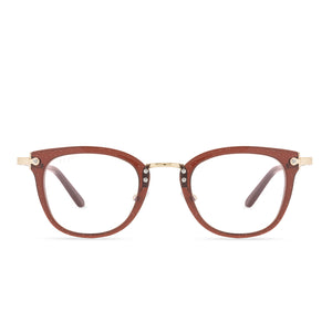 diff eyewear rue square prescription glasses with a festive chestnut brown frame and gold metal temples front view