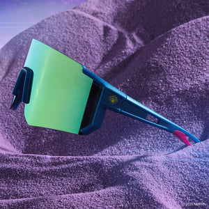 lifestyle - marvel studios guardians of the galaxy x diff eyewear team suit shield sunglasses with a celestial blue/red frame and galactic gold mirror polarized lenses side view