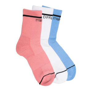 CREW SOCK TRIO - WHITE + PINK + SKY BLUE flatlay