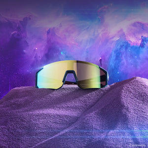 lifestyle - marvel studios guardians of the galaxy x diff eyewear team suit shield sunglasses with a celestial blue/red frame and galactic gold mirror polarized lenses