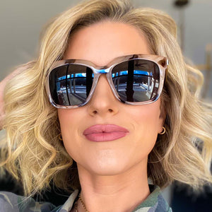 lifestyle - kalee_rogers wearing hailey cream tortoise grey sunglasses