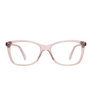 diff eyewear eve glasses with a mauve crystal frame and blue light technology lenses front view