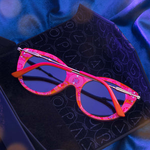 harry potter x diff eyewear detailed shot of the back of the luna lovegood sunglasses and open harry potter case