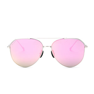 DASH sunglasses with silver frames and pink mirror polarized lens front view