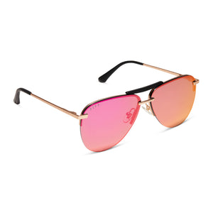 diff eyewear tahoe aviator sunglasses with a matte gold metal frame and sunset mirror lenses angled view