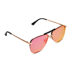 diff eyewear tahoe aviator sunglasses with a matte gold metal frame and sunset mirror lenses detailed view