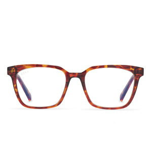 diff eyewear alex square glasses with an amber tortoise frame and blue light technology lenses front view