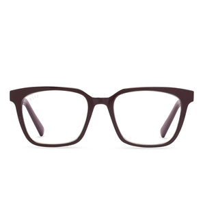 diff eyewear alex square glasses with an burgundy frame and blue light technology lenses front view