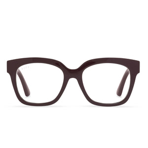 diff eyewear ava square glasses with a burgundy frame and blue light technology lenses front view