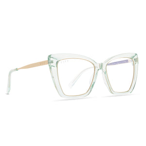 diff eyewear becky iv xs cateye glasses with a soft green lagoon crystal frame and prescription lens angled view