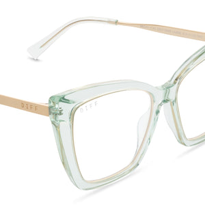 diff eyewear becky iv xs cateye glasses with a soft green lagoon crystal frame and prescription lens detailed view