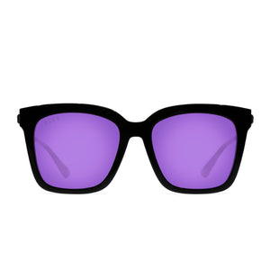 diff eyewear bella square sunglasses with a black acetate frame and purple mirror lenses front view