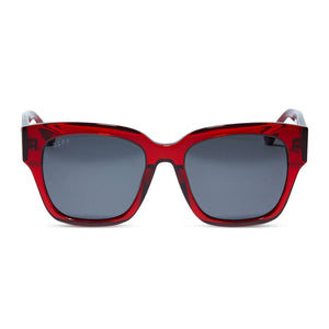 diff eyewear bella ii square sunglasses with a carmine red acetate frame and solid grey polarized lenses front view
