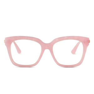 diff eyewear bella xs square glasses with a geo pink frame and prescription lenses front view