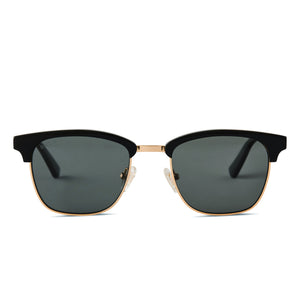 diff eyewear biarritz square sunglasses with a black acetate and gold metal frame with grey polarized lenses front view