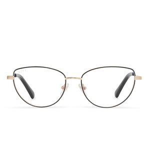 diff eyewear keri cat eye glasses with a black frame and gold legs with clear lenses front view