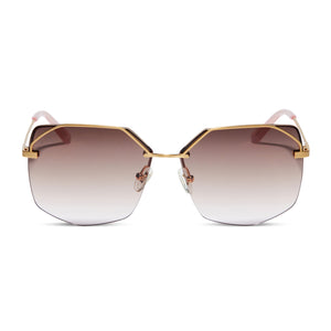 diff eyewear bree square sunglasses with a brushed gold metal frame and taupe rose gradient lenses front view